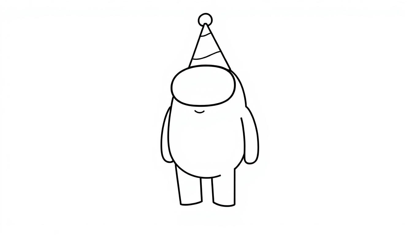 Ein niedlicher Cartooncharakter im Stil von Among Us mit Partyhut, bereit zum Ausmalen, Schwarz-Weiß-Farbtafel.
