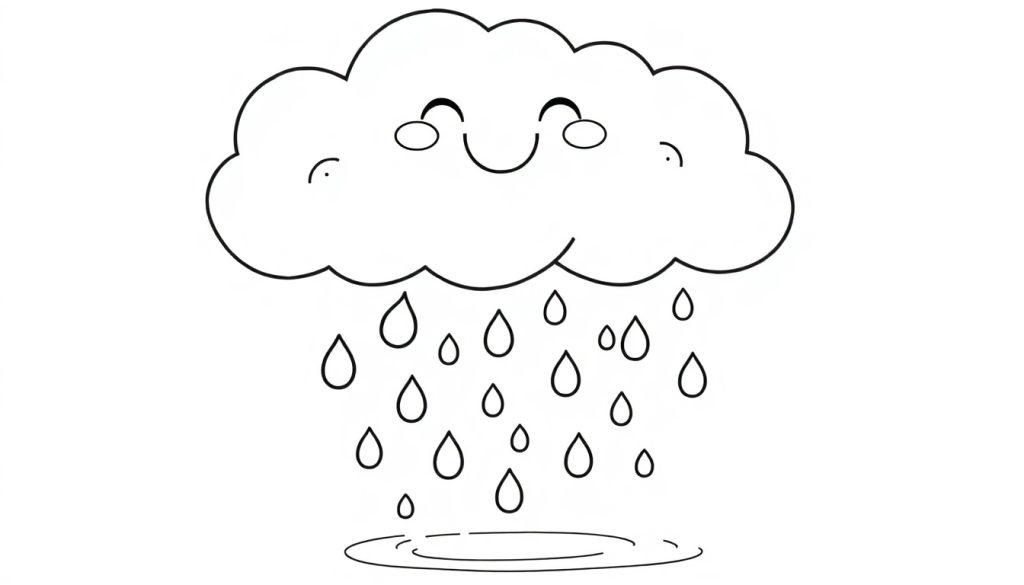 Schwarz-weiße Farbtafel einer fröhlichen Cartoon-Regenwolke mit geschlossenen Augen und einem Lächeln, aus der Tropfen in eine Pfütze fallen.