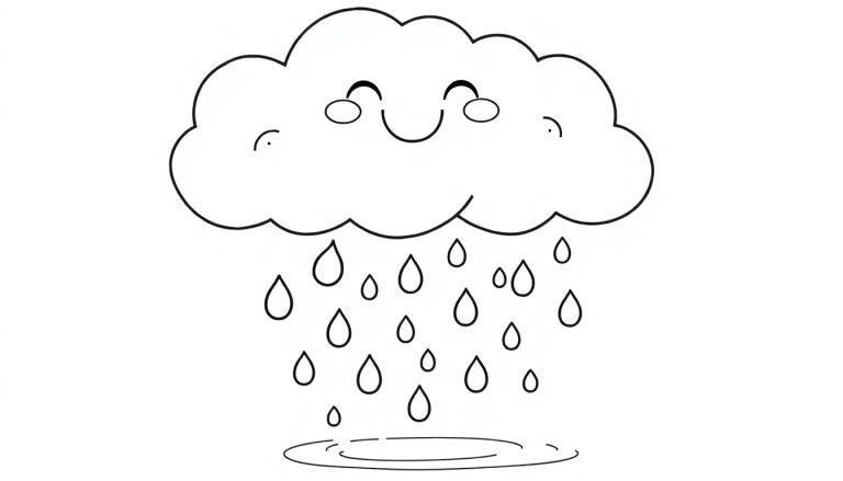 Schwarz-weiße Farbtafel einer fröhlichen Cartoon-Regenwolke mit geschlossenen Augen und einem Lächeln, aus der Tropfen in eine Pfütze fallen.