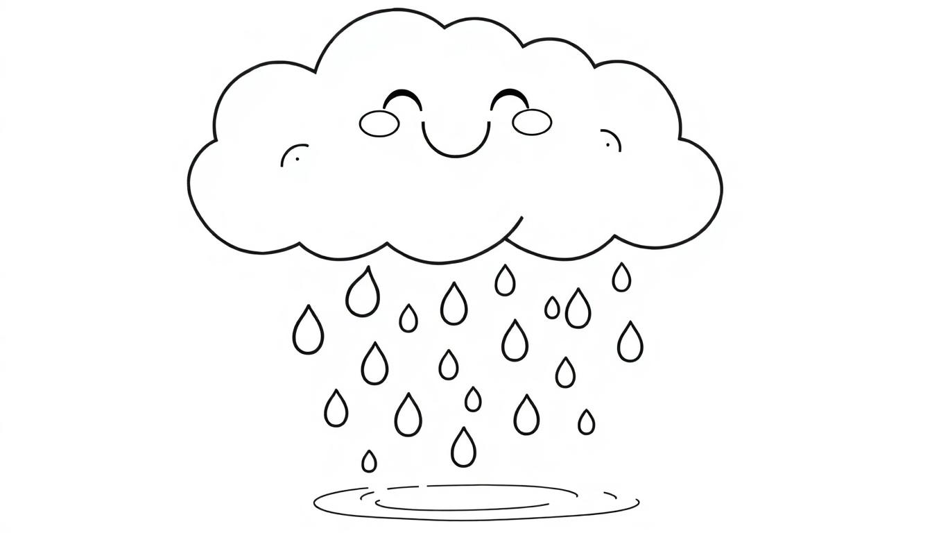 Schwarz-weiße Farbtafel einer fröhlichen Cartoon-Regenwolke mit geschlossenen Augen und einem Lächeln, aus der Tropfen in eine Pfütze fallen.