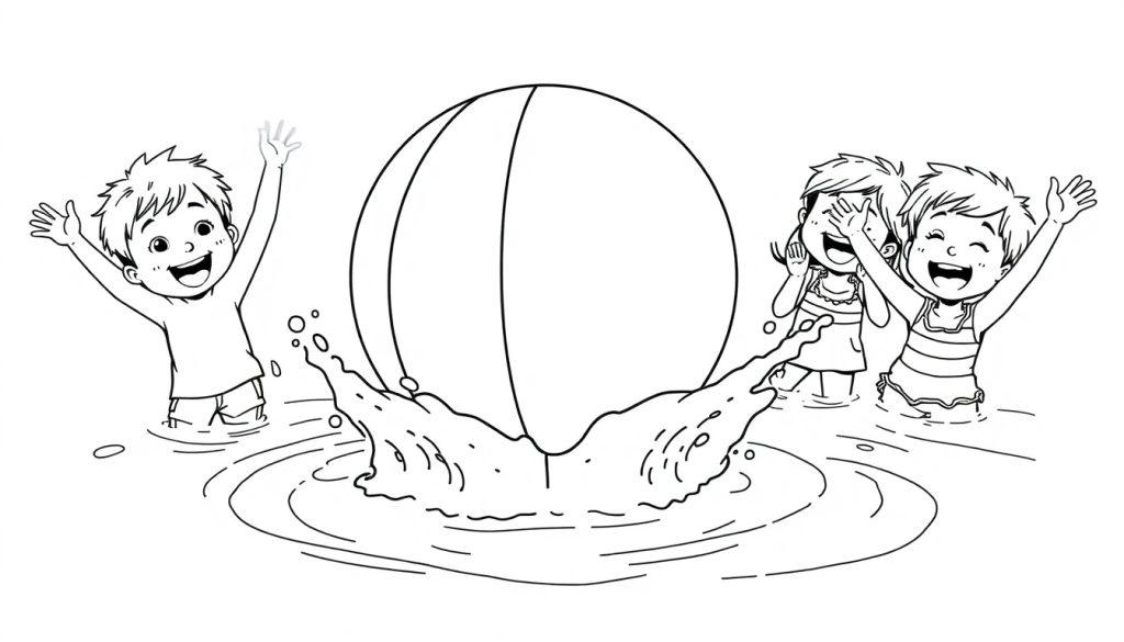 Schwarz-Weiß-Farbtafel: Kinder spielen mit einem Wasserball, einer Farbtafel zum Ausmalen.