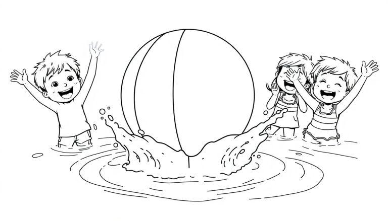 Schwarz-Weiß-Farbtafel: Kinder spielen mit einem Wasserball, einer Farbtafel zum Ausmalen.
