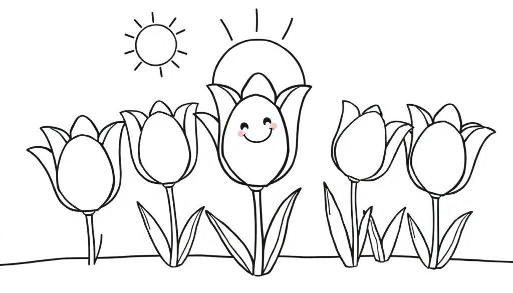 Eine Schwarz-Weiß-Farbtafel einer lächelnden Tulpe unter der Sonne, umgeben von anderen Tulpen.