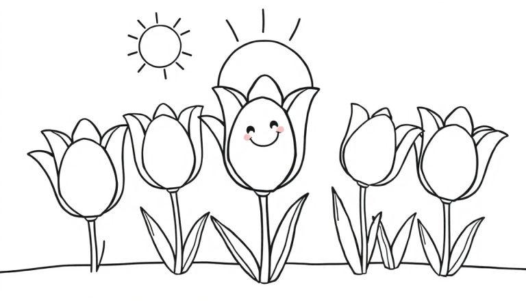 Eine Schwarz-Weiß-Farbtafel einer lächelnden Tulpe unter der Sonne, umgeben von anderen Tulpen.