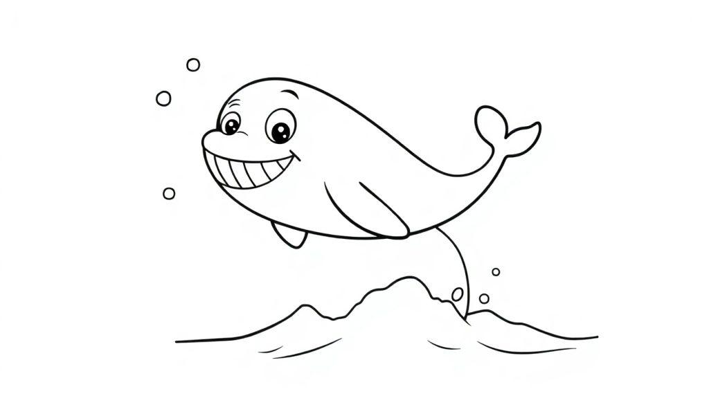 Schwarz-weißes Cartoon-Bild eines lächelnden Delfins, der mit vielen Zähnen aus dem Wasser springt, mit Blasen – eine Farbtafel für Kinder.