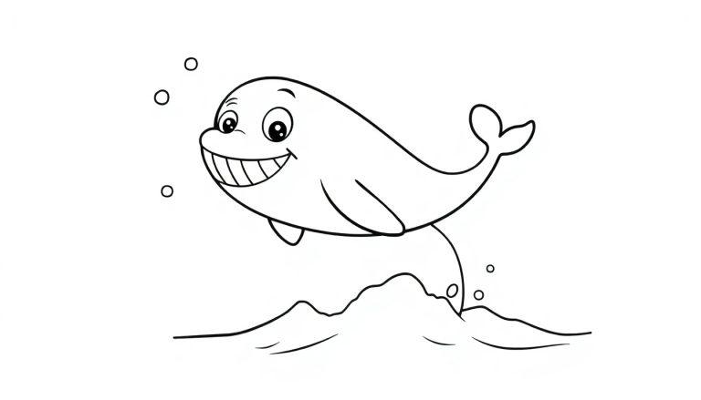 Schwarz-weißes Cartoon-Bild eines lächelnden Delfins, der mit vielen Zähnen aus dem Wasser springt, mit Blasen – eine Farbtafel für Kinder.
