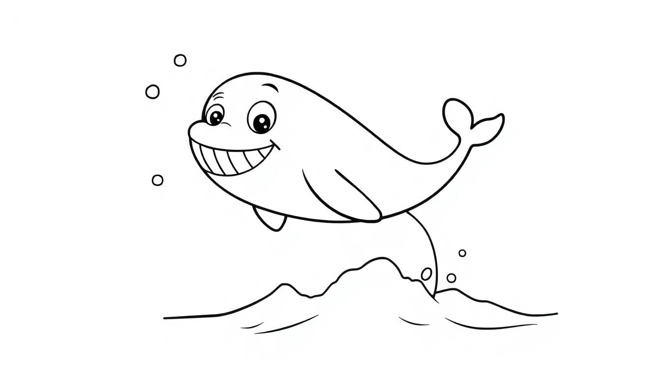 Schwarz-weißes Cartoon-Bild eines lächelnden Delfins, der mit vielen Zähnen aus dem Wasser springt, mit Blasen – eine Farbtafel für Kinder.