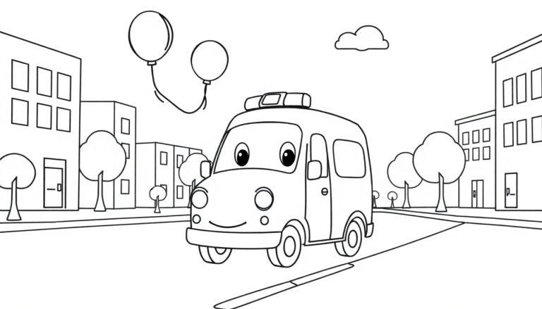 Eine fröhliche Schwarz-Weiß-Farbtafel eines Krankenwagens, der durch eine Stadt fährt, mit Wolken und Ballons.