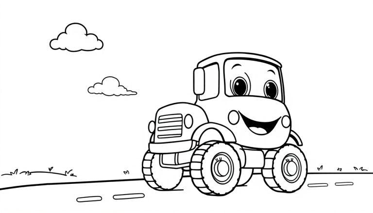 Schwarz-weiße Farbtafel eines lächelnden Cartoon-Lastwagens auf einer Straße mit Wolken im Hintergrund.