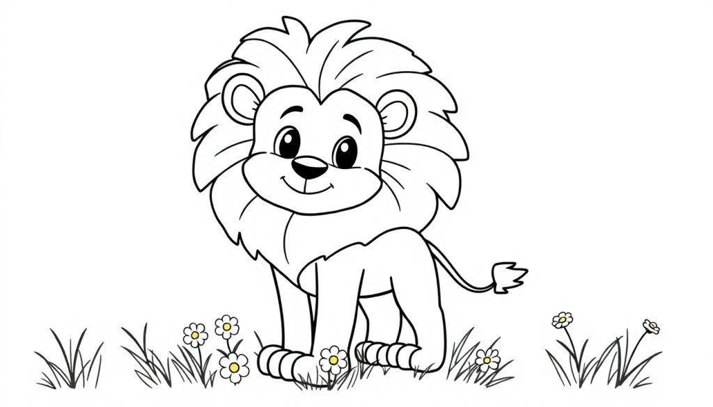 Ein lustiger Löwe zum Ausmalen, eine Farbtafel mit einem Cartoon-Löwen mit großen Augen und einer vollen Mähne, der auf einer Wiese mit Gänseblümchen steht.