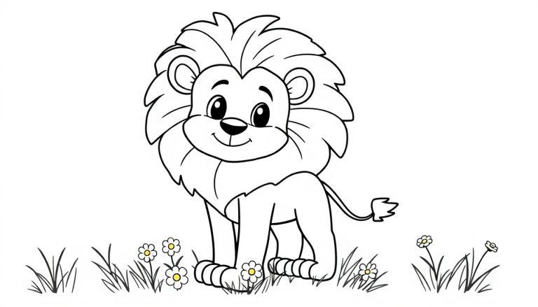 Ein lustiger Löwe zum Ausmalen, eine Farbtafel mit einem Cartoon-Löwen mit großen Augen und einer vollen Mähne, der auf einer Wiese mit Gänseblümchen steht.