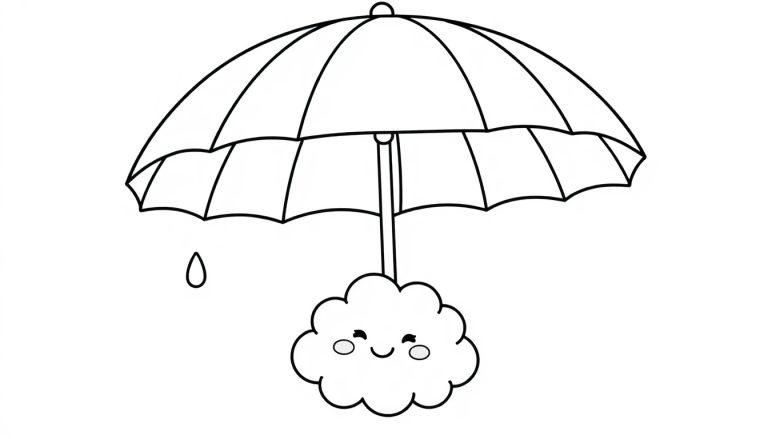 Eine Schwarz-Weiß-Farbtafel-Zeichnung eines kindlichen Regenschirms mit einer lächelnden Wolke darunter und einem einzelnen Regentropfen.