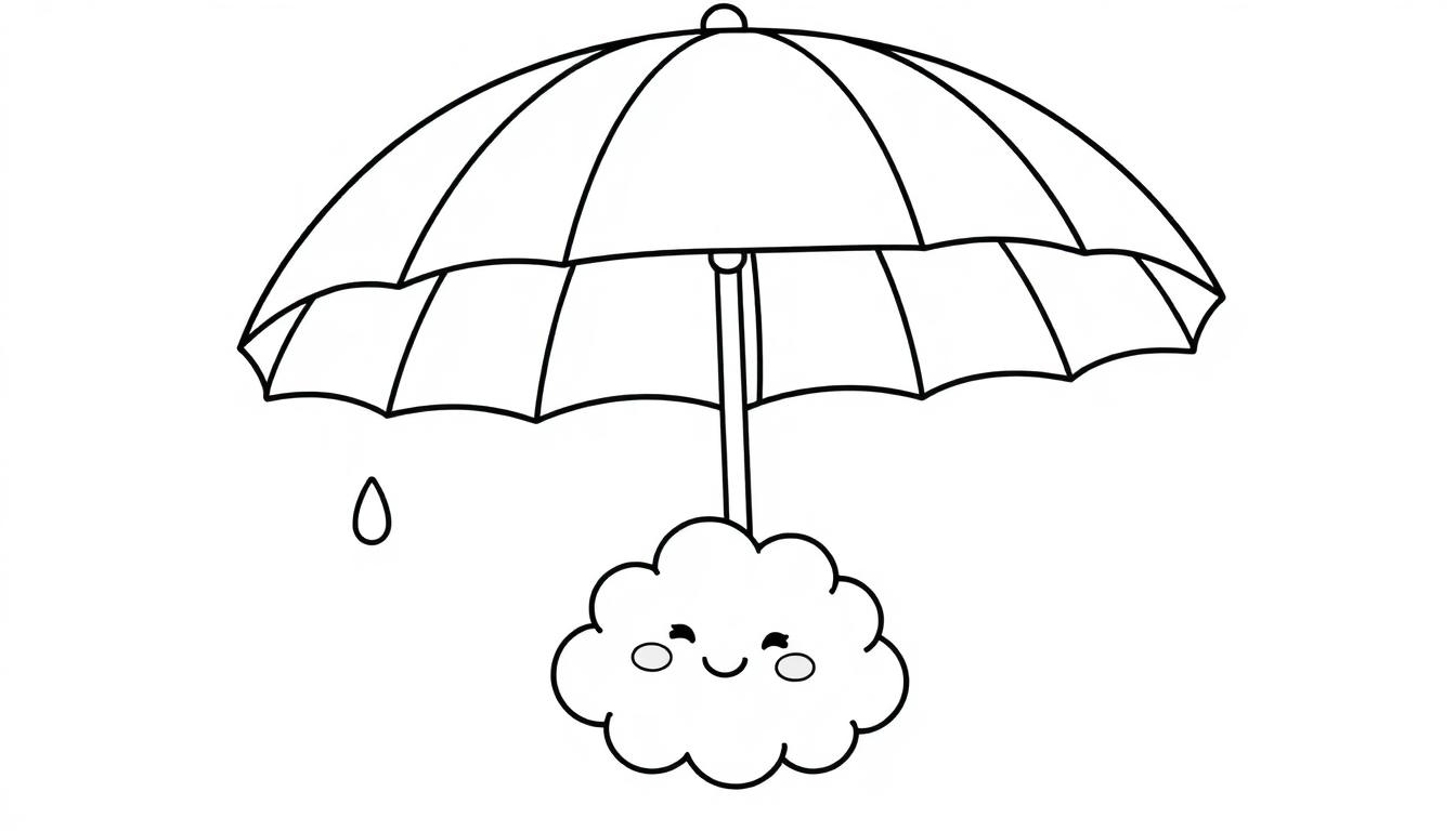 Eine Schwarz-Weiß-Farbtafel-Zeichnung eines kindlichen Regenschirms mit einer lächelnden Wolke darunter und einem einzelnen Regentropfen.