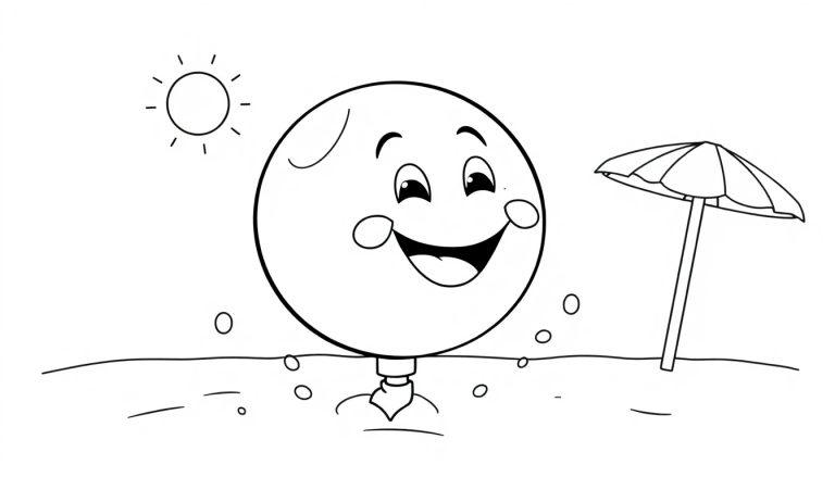 Eine Schwarz-weiße Ausmalvorlage einer lustigen Comicfigur, die wie ein Wasserball aussieht und aus dem Wasser ragt, mit einem lächelnden Gesicht, Sommersprossen und einer Halskrause. Eine Sonne und ein Sonnenschirm sind im Hintergrund zu sehen. Wellenlinien stellen Wasser dar. Eine Farbtafel.