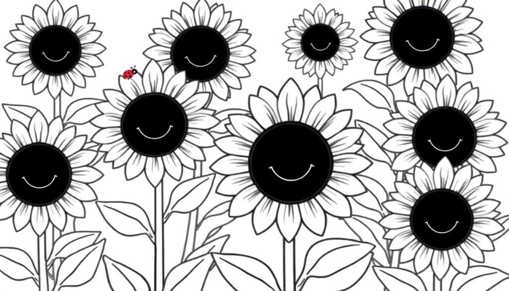 Eine Schwarz-Weiß-Farbtafel von lächelnden Sonnenblumen mit einem Marienkäfer.