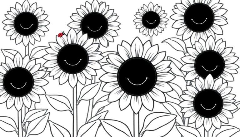 Eine Schwarz-Weiß-Farbtafel von lächelnden Sonnenblumen mit einem Marienkäfer.