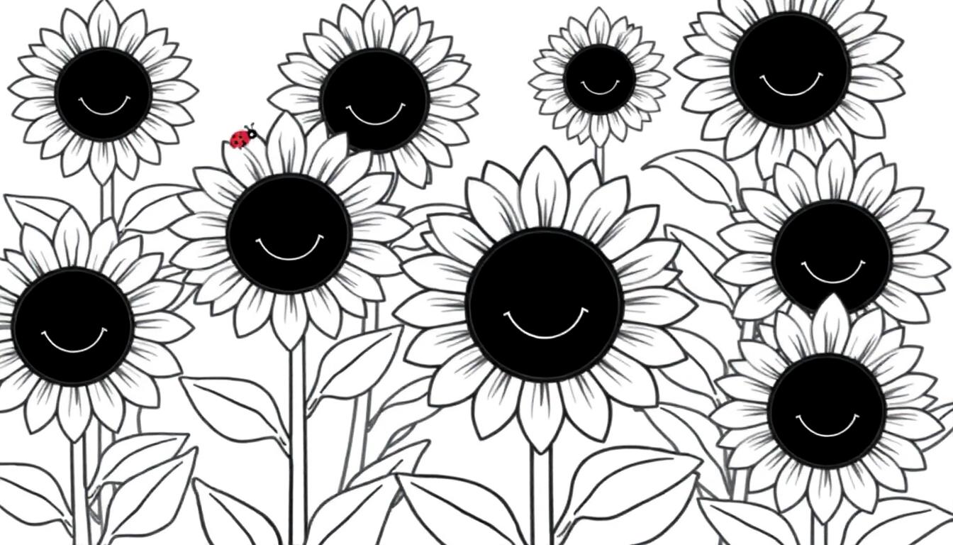 Eine Schwarz-Weiß-Farbtafel von lächelnden Sonnenblumen mit einem Marienkäfer.