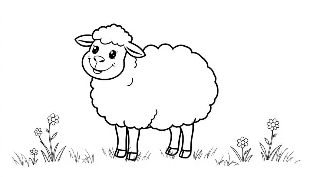 Eine Cartoon-Farbtafel eines lächelnden Schafs mit flauschigem Fell.