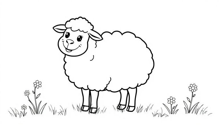 Eine Cartoon-Farbtafel eines lächelnden Schafs mit flauschigem Fell.