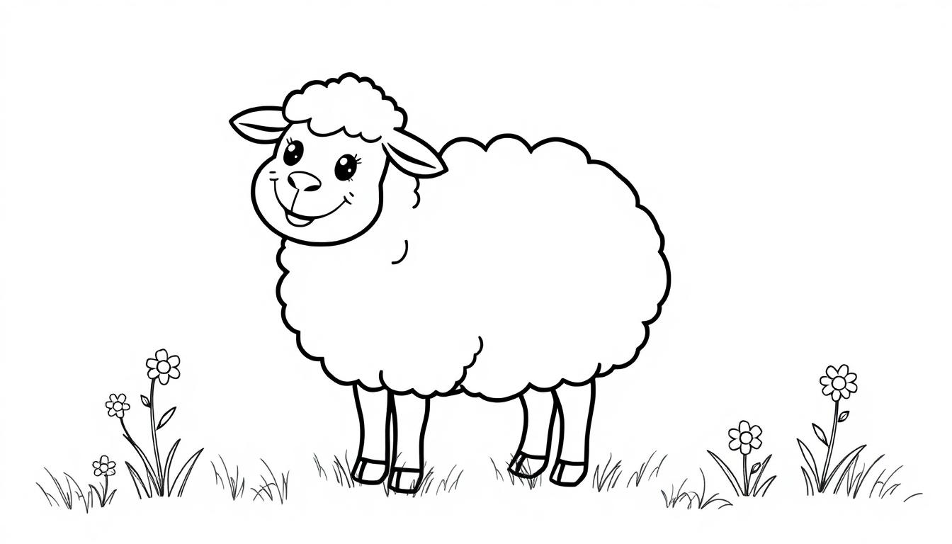 Eine Cartoon-Farbtafel eines lächelnden Schafs mit flauschigem Fell.