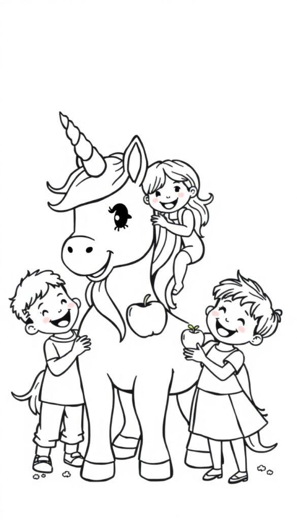 Ein niedliches Cartoon-Einhorn mit drei fröhlichen Kindern, die es umarmen.