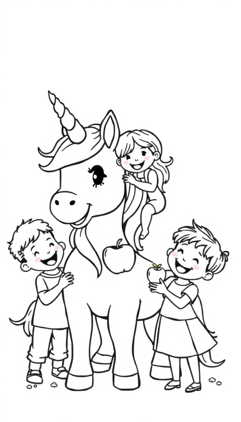 Ein niedliches Cartoon-Einhorn mit drei fröhlichen Kindern, die es umarmen.