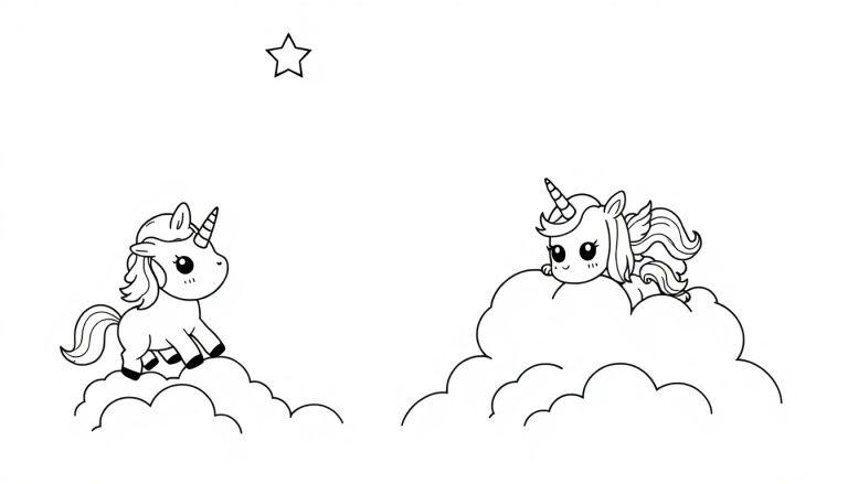 Schwarz-weiße Farbtafel von zwei niedlichen Chibi-Einhörnern, die auf Wolken spielen, mit einem Stern dazwischen.