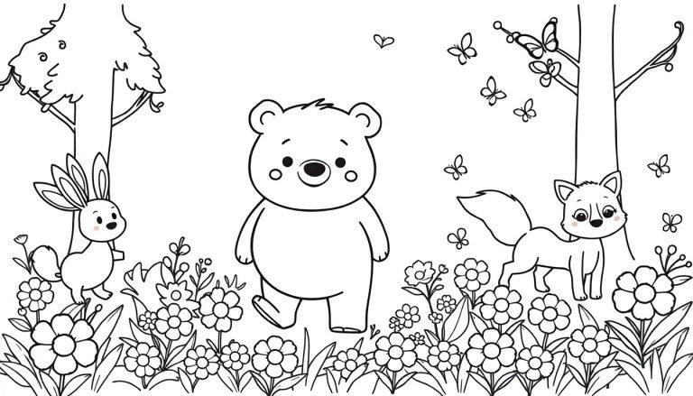 Schwarz-Weiß-Farbtafel-Illustration eines Waldes mit einem Hasen, Bären und Fuchs, umgeben von Blumen und Schmetterlingen.