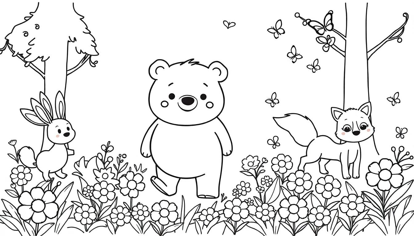 Schwarz-Weiß-Farbtafel-Illustration eines Waldes mit einem Hasen, Bären und Fuchs, umgeben von Blumen und Schmetterlingen.