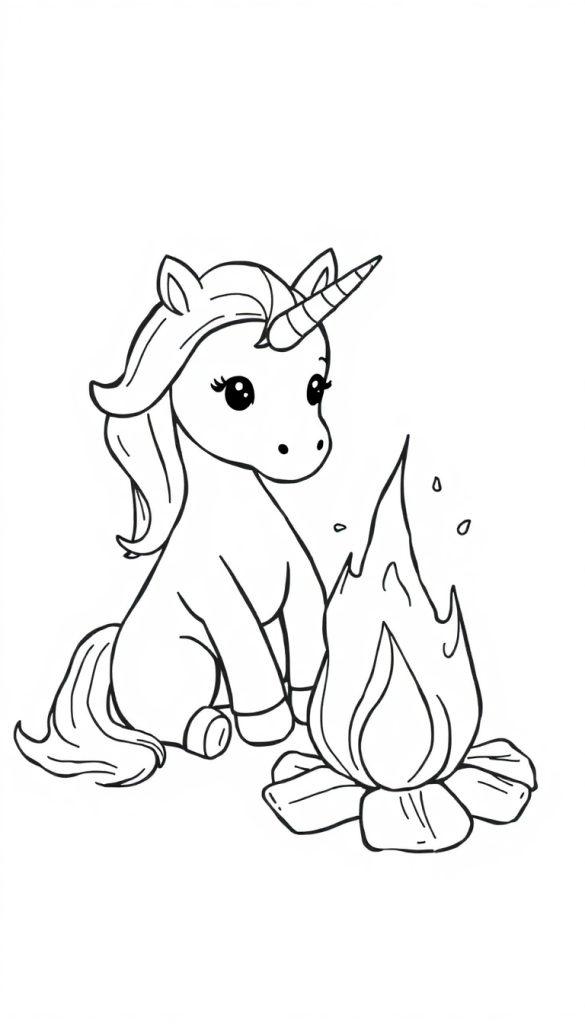 Einhorn am Lagerfeuer, Illustration für Kinder