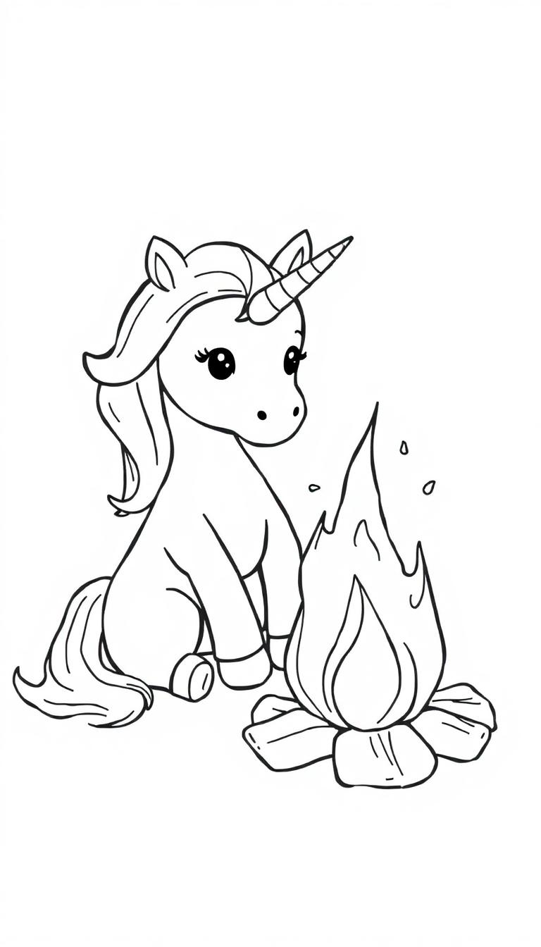 Einhorn am Lagerfeuer, Illustration für Kinder