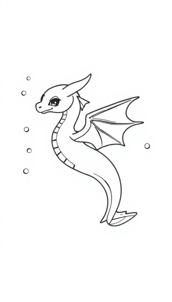 Eine comicartige Illustration eines Drachen-Seepferdchen-Wesens, das zum Ausmalen gedacht ist.