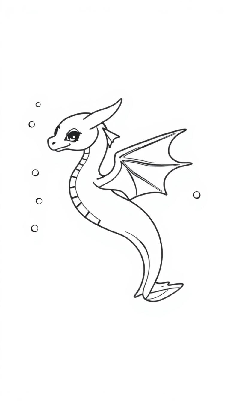 Eine comicartige Illustration eines Drachen-Seepferdchen-Wesens, das zum Ausmalen gedacht ist.