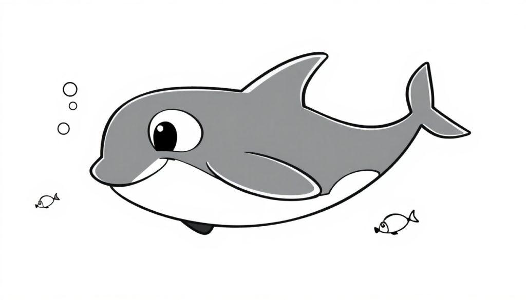 Grauer Cartoon-Delfin mit weißem Bauch und Auge, der im Meer schwimmt, mit zwei kleinen Fischen und drei Blasen über seinem Kopf, bereit zum Ausmalen als Farbtafel.