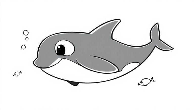 Grauer Cartoon-Delfin mit weißem Bauch und Auge, der im Meer schwimmt, mit zwei kleinen Fischen und drei Blasen über seinem Kopf, bereit zum Ausmalen als Farbtafel.
