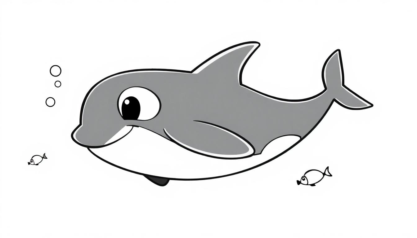 Grauer Cartoon-Delfin mit weißem Bauch und Auge, der im Meer schwimmt, mit zwei kleinen Fischen und drei Blasen über seinem Kopf, bereit zum Ausmalen als Farbtafel.