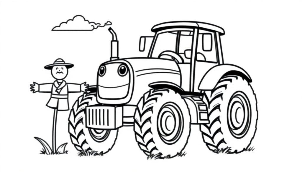 Eine Farbtafel: Ein Cartoon-Traktor mit einem lächelnden Gesicht und eine Vogelscheuche auf einem Feld.