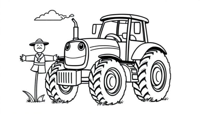 Eine Farbtafel: Ein Cartoon-Traktor mit einem lächelnden Gesicht und eine Vogelscheuche auf einem Feld.