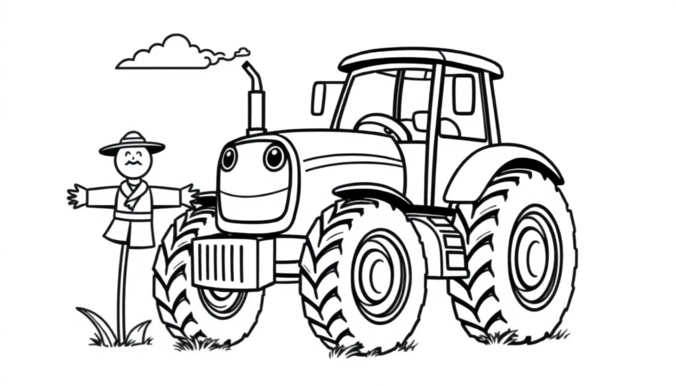 Eine Farbtafel: Ein Cartoon-Traktor mit einem lächelnden Gesicht und eine Vogelscheuche auf einem Feld.