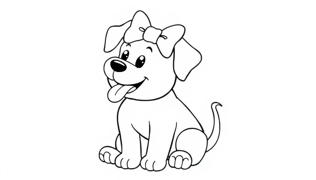 Ein süßer Cartoon-Hund mit einer großen, bunten Schleife auf dem Kopf, bereit zum Ausmalen, als Farbtafel.