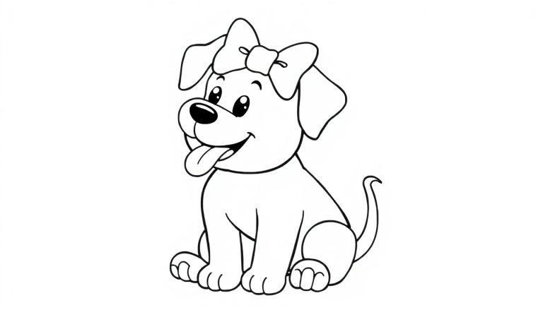 Ein süßer Cartoon-Hund mit einer großen, bunten Schleife auf dem Kopf, bereit zum Ausmalen, als Farbtafel.