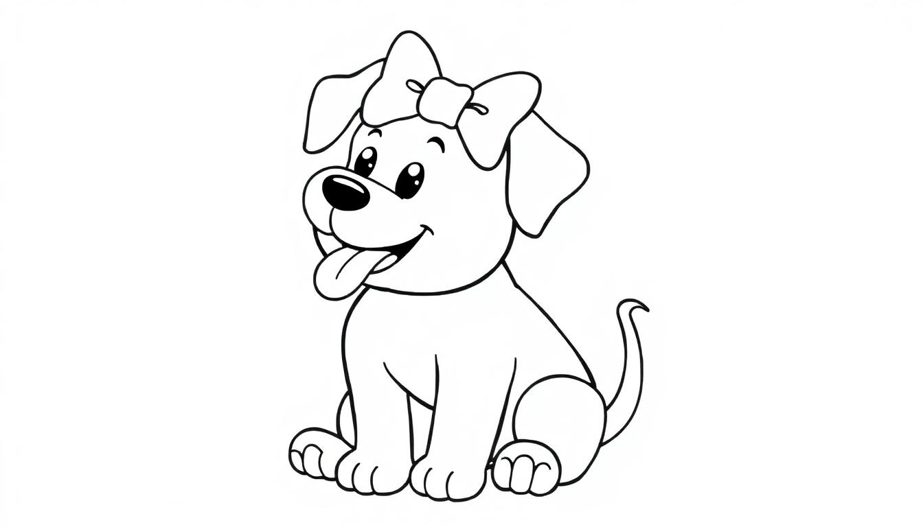 Ein süßer Cartoon-Hund mit einer großen, bunten Schleife auf dem Kopf, bereit zum Ausmalen, als Farbtafel.