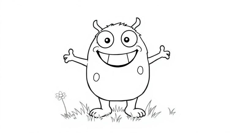 Ein fröhliches kleines Monster wartet darauf, ausgemalt zu werden, eine Farbtafel.