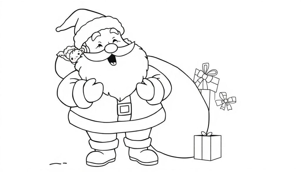 Schwarz-weiße Farbtafel-Illustration von Santa Claus mit einem Geschenk über der Schulter, lächelnd.