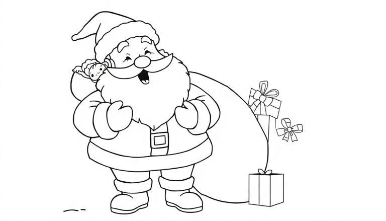 Schwarz-weiße Farbtafel-Illustration von Santa Claus mit einem Geschenk über der Schulter, lächelnd.