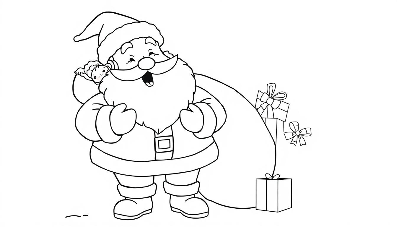 Schwarz-weiße Farbtafel-Illustration von Santa Claus mit einem Geschenk über der Schulter, lächelnd.