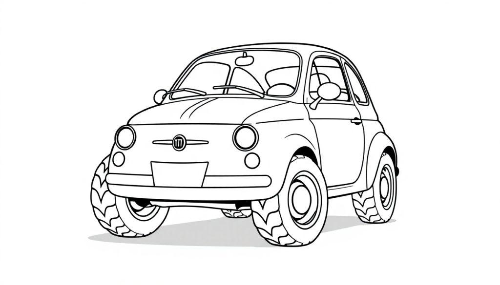 Ein süßer Fiat 500 zum Ausmalen, mit großen Reifen und einem freundlichen Lächeln! Schwarz-Weiß für Kinder, eine Farbtafel.