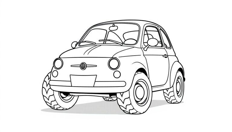 Ein süßer Fiat 500 zum Ausmalen, mit großen Reifen und einem freundlichen Lächeln! Schwarz-Weiß für Kinder, eine Farbtafel.