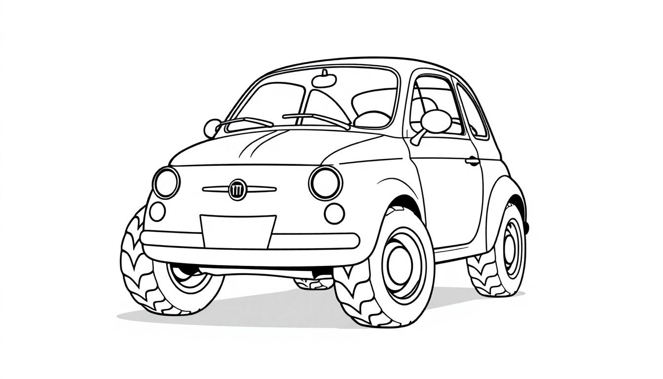 Ein süßer Fiat 500 zum Ausmalen, mit großen Reifen und einem freundlichen Lächeln! Schwarz-Weiß für Kinder, eine Farbtafel.