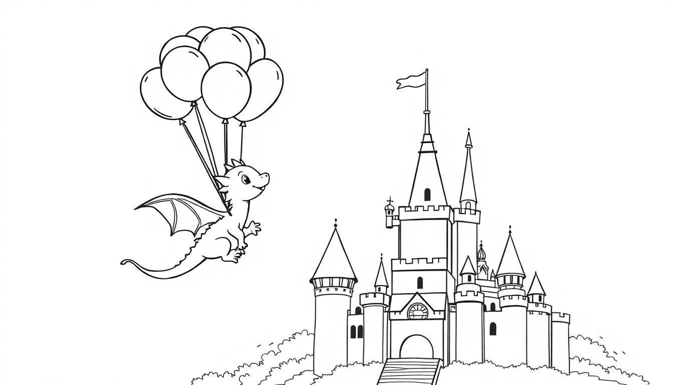 Schwarz-Weiß-Malvorlage eines niedlichen Drachens, der an bunten Luftballons hängt und zu einem Schloss fliegt.
